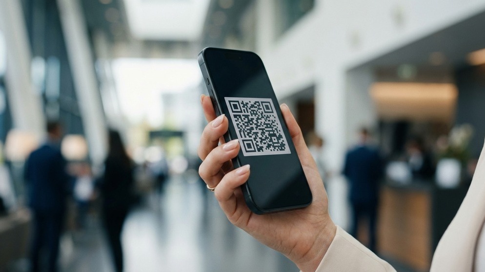 女性手持iPhone，屏幕二维码样式，商务背景虚化